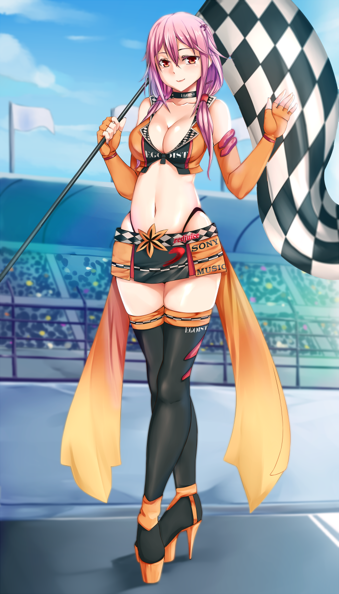 1girl black_legwear blush breasts checkered checkered_flag cleavage eyebrows_visible_through_hair guilty_crown high_heels highres holding_flag large_breasts long_hair looking_at_viewer navel orange_eyes pink_hair racequeen rixch smile solo thigh-highs yuzuriha_inori