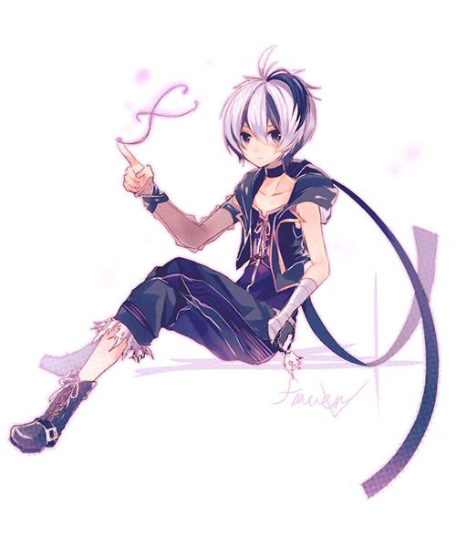 1boy asymmetrical_sleeves boots character_name choker flower flower_(vocaloid) full_body genderswap genderswap_(ftm) hand_in_pocket invisible_chair male male_focus miwasiba multicolored_hair simple_background sitting solo violet_eyes vocaloid white_background