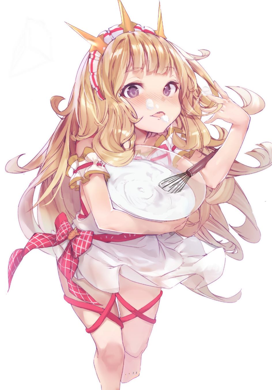1girl akieda apron armband blonde_hair blush bow bowl cagliostro_(granblue_fantasy) commentary_request cream crown eyebrows_visible_through_hair food food_on_face granblue_fantasy hairband highres holding holding_bowl long_hair looking_at_viewer nose_blush sexually_suggestive simple_background solo tongue tongue_out violet_eyes white_apron white_background