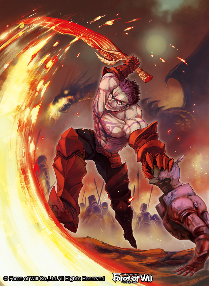 1boy abs armor armored_boots bare_shoulders belt boots copyright_name dragon faceless faceless_male fire force_of_will full_body gloves helmet male_focus miyagekko official_art polearm purple_hair red_eyes shirtless solo spear sword tattoo teeth weapon