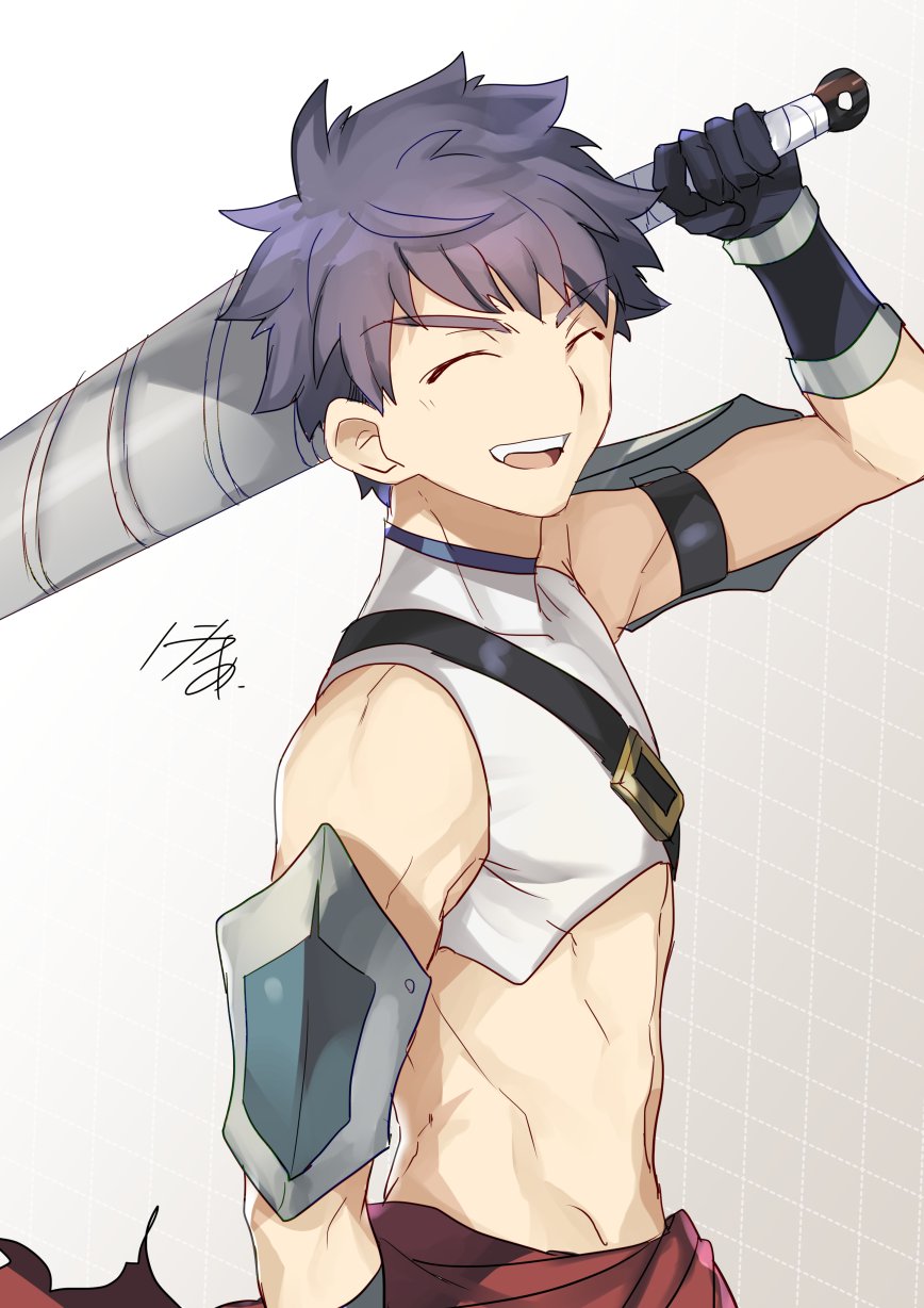 1boy black_gloves closed_eyes crop_top fate/grand_order fate_(series) fergus_mac_roich_(young)_(fate/grand_order) gloves highres male_focus midriff nikame open_mouth over_shoulder purple_hair shirt short_hair sleeveless smile sword sword_over_shoulder upper_body weapon weapon_over_shoulder white_shirt