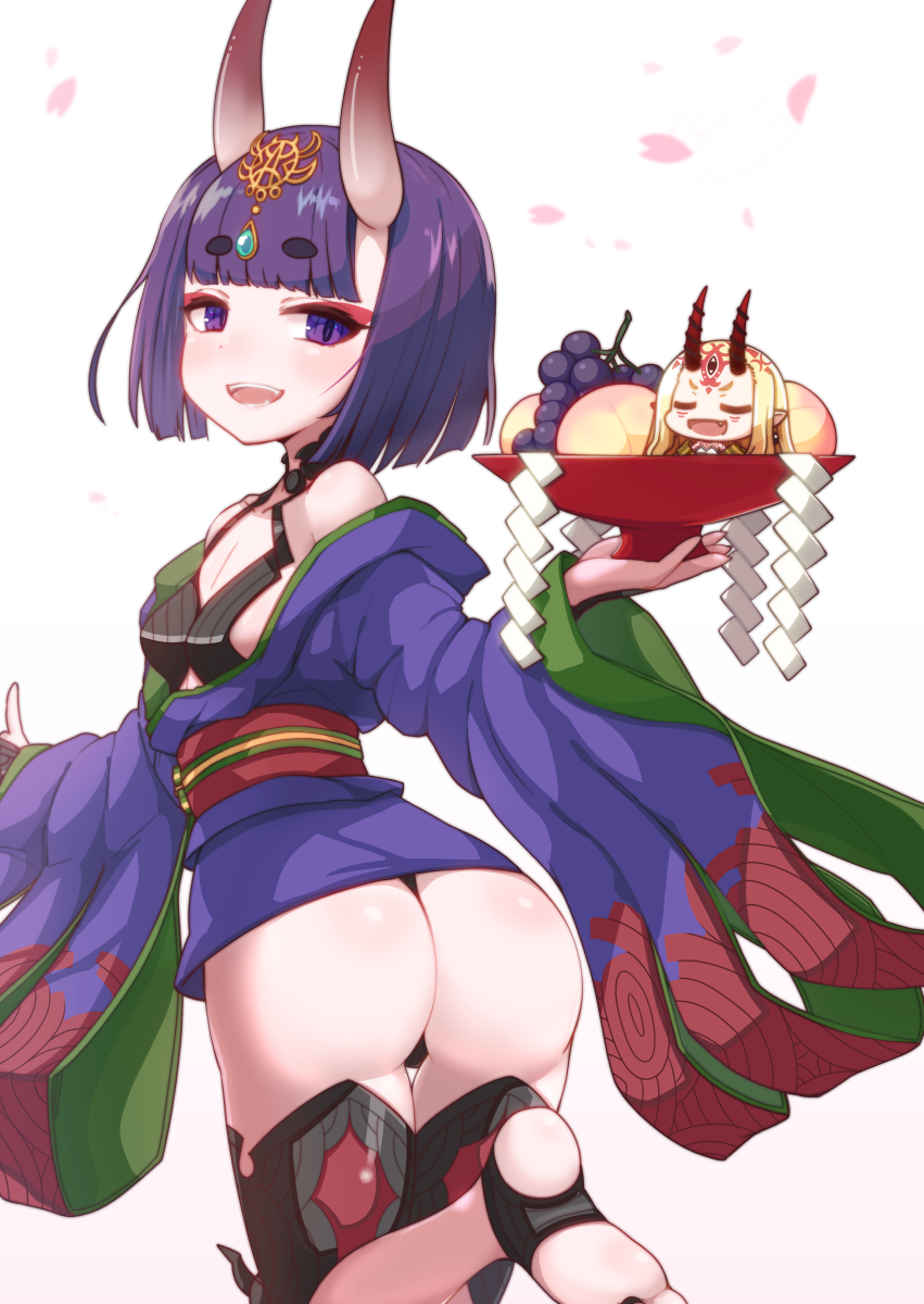 2girls ass blonde_hair blush bowl chibi closed_eyes eyebrows_visible_through_hair facing_viewer fate/grand_order fate_(series) food fruit grapes highres holding holding_bowl horn horns ibaraki_douji_(fate/grand_order) looking_at_viewer multiple_girls open_mouth pointy_ears purple_hair shuten_douji_(fate/grand_order) smile teeth violet_eyes yuki_shiro