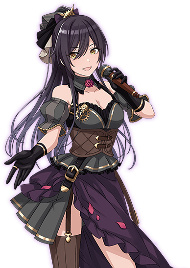 belt black_gloves breasts cleavage detached_sleeves flower garter_straps gloves hair_ornament hair_ribbon idol_clothes idolmaster idolmaster_shiny_colors large_breasts looking_at_viewer microphone official_art ponytail purple_hair ribbon rose shirase_sakuya transparent_background yellow_eyes