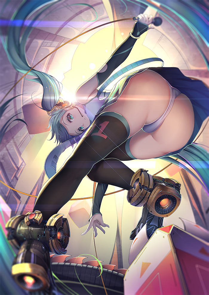 1girl aqua_eyes aqua_hair ass bare_shoulders black_legwear blurry commentary_request depth_of_field detached_sleeves floating_hair from_below hair_ornament hatsune_miku long_hair looking_at_viewer looking_down microphone necktie panties parted_lips skirt solo thigh-highs twintails underwear vocaloid white_panties xiaosan_ye