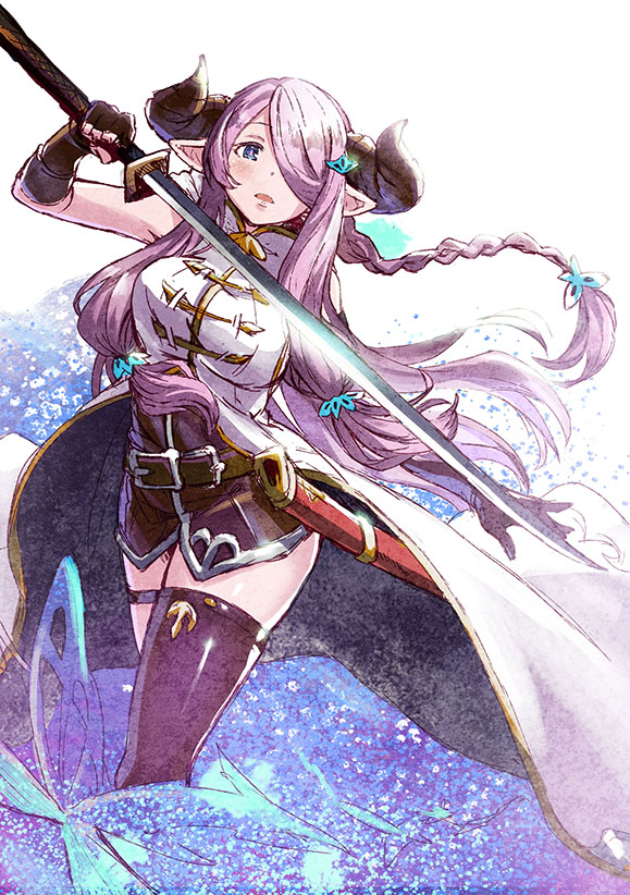 1girl black_gloves black_legwear blue_eyes blush braid breasts coat contrapposto doraf fingerless_gloves gloves granblue_fantasy hair_ornament hair_over_one_eye holding holding_sword holding_weapon horns katana large_breasts long_hair looking_at_viewer mismatched_legwear narumeia_(granblue_fantasy) parted_lips pointy_ears purple_hair sheath solo sword tanaka_(colorcorn) tareme thigh-highs thigh_strap thighs unsheathed weapon zettai_ryouiki