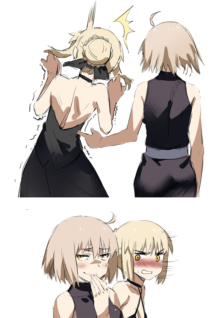 /\/\/\ 2girls 2koma bare_arms bare_back bare_shoulders black_choker black_dress blonde_hair blush braid choker comic commentary_request dress embarrassed fate/grand_order fate/stay_night fate_(series) french_braid giggling hair_bun hair_ribbon hand_to_own_mouth highres jeanne_alter motion_lines multiple_girls nanaya_(daaijianglin) nose_blush poking ribbon ruler_(fate/apocrypha) saber saber_alter short_hair simple_background sketch sleeveless sleeveless_dress smile surprised sweatdrop trembling white_background yellow_eyes