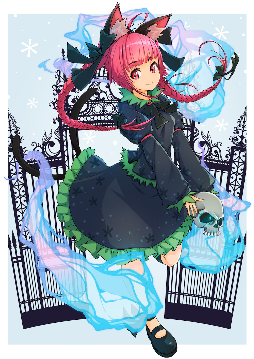 1girl animal_ears bangs black_skirt bow braid cat_ears cat_tail eyebrows_visible_through_hair frilled_skirt frills full_body gate green_bow hair_bow highres kaenbyou_rin long_hair long_sleeves looking_at_viewer maru-pen puffy_long_sleeves puffy_sleeves red_eyes redhead skirt skull smile solo standing standing_on_one_leg tail touhou twin_braids