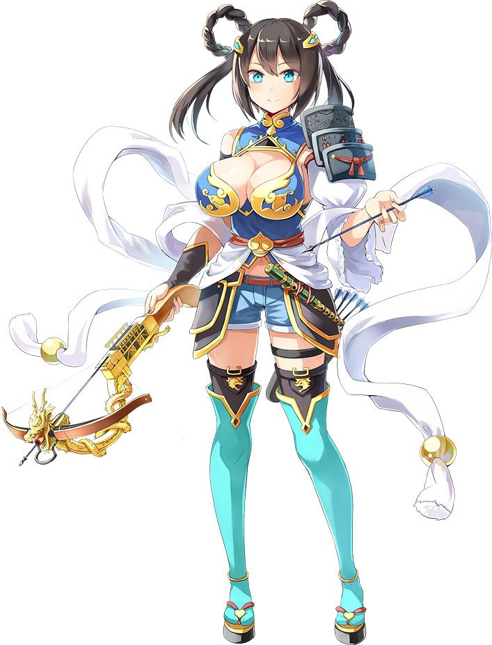 1girl aqua_eyes arrow black_hair boots bowgun breasts cleavage emerane full_body hair_ornament holding holding_weapon large_breasts official_art oshiro_project oshiro_project_re short_shorts shorts smile takiyama_(oshiro_project) thigh-highs thigh_boots transparent_background twintails weapon