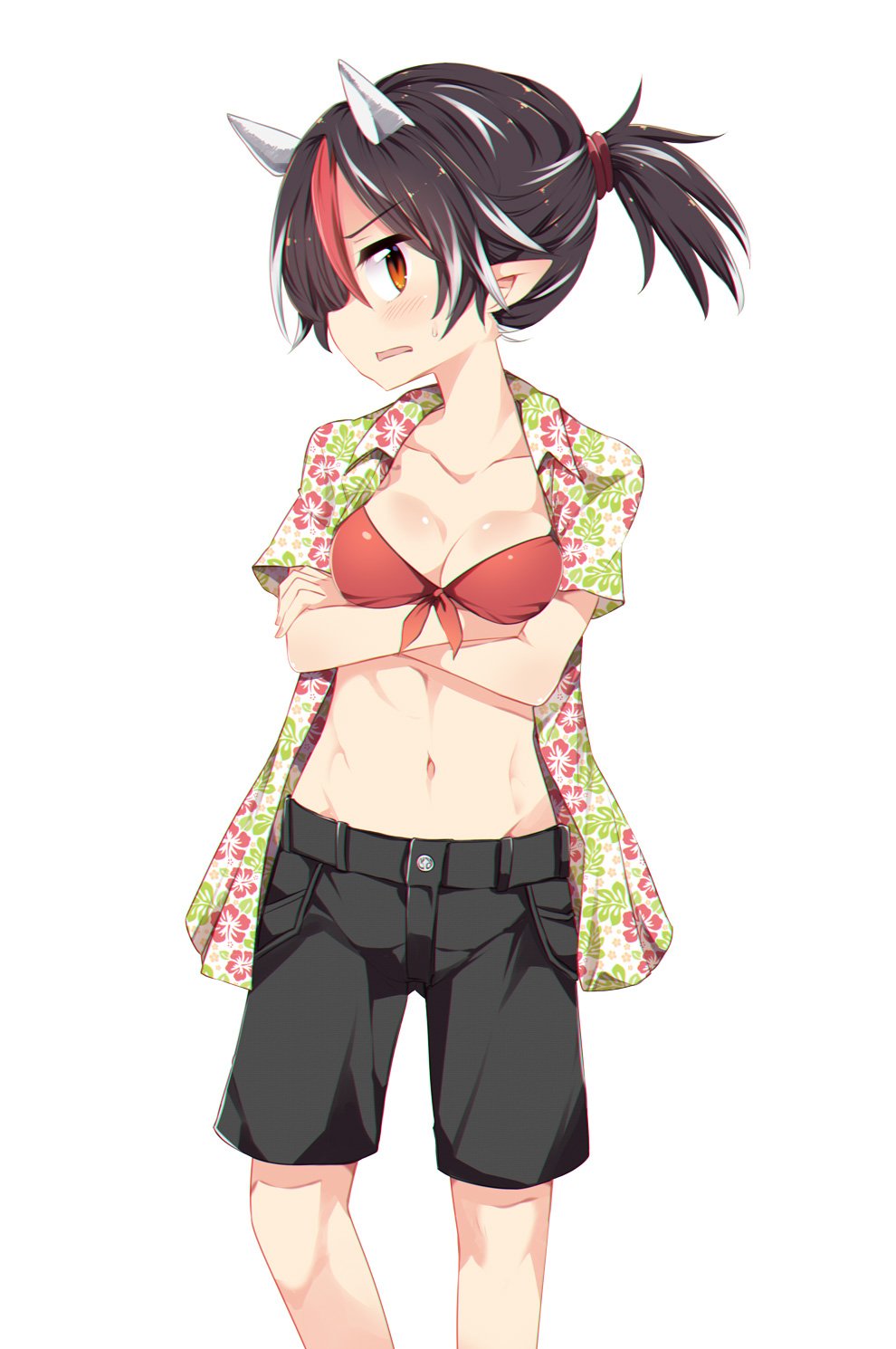 1girl abs alternate_hairstyle bikini bikini_top black_hair black_shorts breast_hold breasts cleavage crossed_arms front-tie_bikini front-tie_top hawaiian_shirt highres horns kijin_seija looking_at_viewer maturiuta_sorato medium_breasts midriff multicolored_hair navel pointy_ears ponytail profile red_bikini_top red_eyes redhead shirt short_ponytail short_sleeves shorts simple_background solo standing stomach streaked_hair sweatdrop swimsuit touhou white_background white_hair