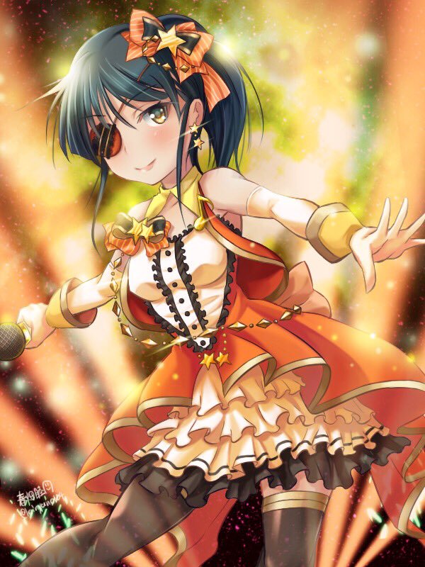 1girl alternate_costume alternate_hairstyle artist_name bangs black_hair black_legwear closed_mouth commentary_request dress earrings elbow_gloves eyepatch gloves hair_ornament hair_up haruhata_mutsuki holding idol image_sample jewelry layered_dress looking_at_viewer medium_dress microphone musical_note orange_dress ponytail quaver sakamoto_mio short_hair signature smile solo standing star star_earrings star_hair_ornament strike_witches thigh-highs twitter_sample twitter_username world_witches_series