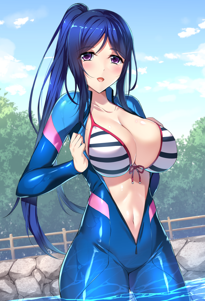 bikini blue_hair blue_sky breasts cleavage clouds collarbone commentary_request day diving_suit eyebrows_visible_through_hair fence front-tie_top large_breasts long_hair love_live! love_live!_sunshine!! matsuura_kanan minamon_(vittel221) open_clothes open_mouth outdoors sky standing swimsuit tree unzipped very_long_hair violet_eyes wading water wet wooden_fence