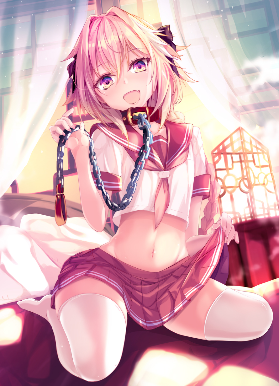 1boy :d bangs bed blush braid chains collar commentary_request crop_top curtains fang fate/grand_order fate_(series) full_body groin hair_ribbon highres indoors leash lifted_by_self long_hair looking_at_viewer male_focus midriff nanashino_kanon navel no_shoes open_mouth pillow pink_hair pleated_skirt ribbon rider_of_black room school_uniform serafuku short_sleeves single_braid sitting skirt skirt_lift smile thigh-highs trap violet_eyes wariza white_legwear window