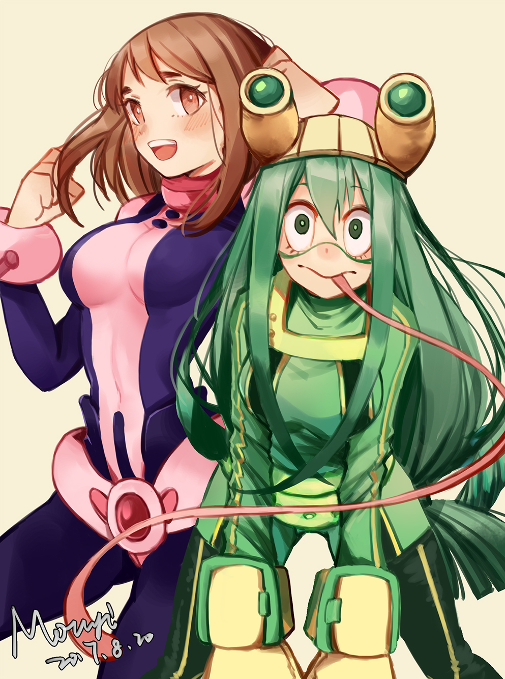 2girls :d :p asui_tsuyu bangs belt bodysuit boku_no_hero_academia breasts brown_eyes brown_hair choker covered_navel dated frog_girl gloves goggles goggles_on_head green_eyes green_hair highres leaning_forward long_hair long_tongue looking_at_viewer medium_breasts mouyijun multiple_girls open_mouth short_hair signature smile teeth tongue tongue_out uraraka_ochako utility_belt very_long_hair