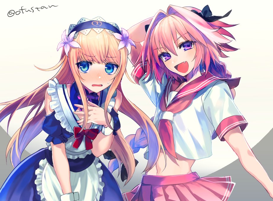 androgynous blonde_hair blue_eyes blush braid fate/grand_order fate_(series) hair_ribbon le_chevalier_d'eon_(fate/grand_order) long_hair maid maid_headdress midriff ofstan open_mouth pink_hair ribbon rider_of_black school_uniform serafuku single_braid smile trap violet_eyes