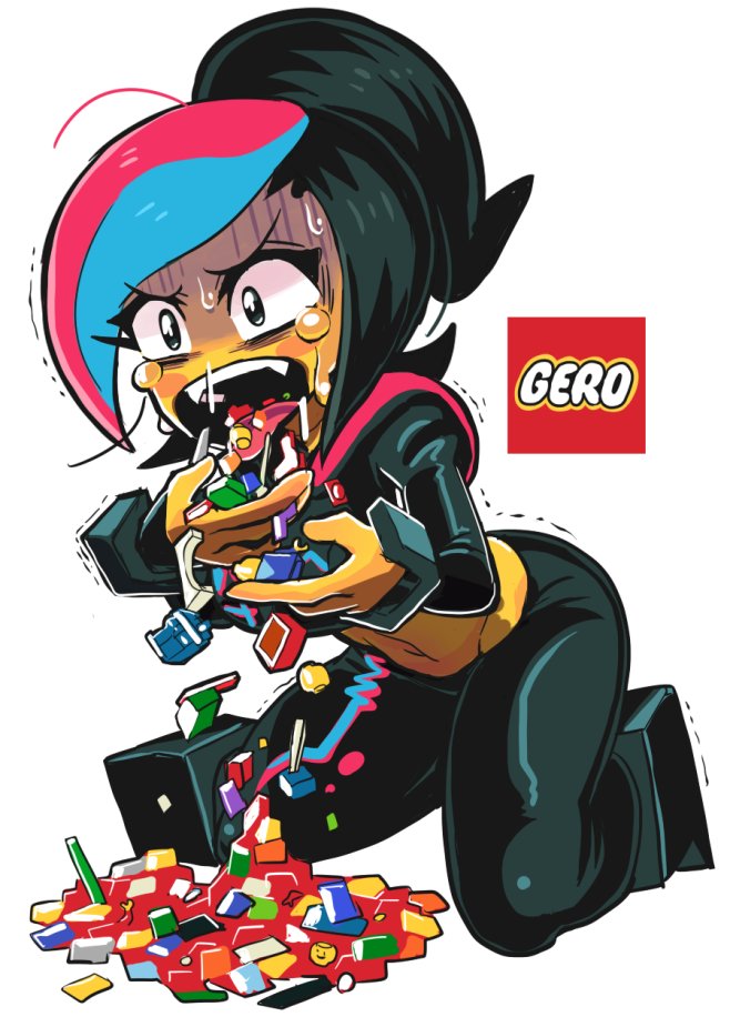 1girl ahoge black_hair black_jacket black_pants brand_name_imitation fangs gashi-gashi hood hoodie jacket kneeling lego midriff multicolored_hair navel pants ponytail pun simple_background solo streaked_hair tears the_lego_group the_lego_movie vomiting white_background wyldstyle yellow_skin