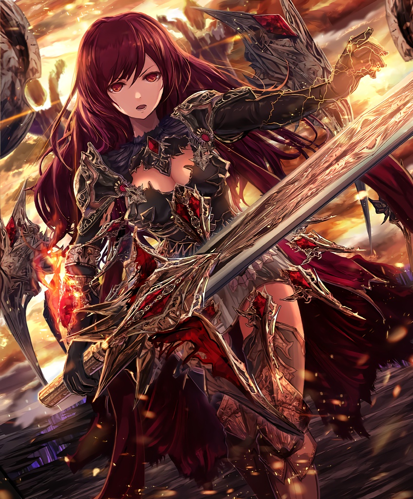 1girl cygames gloves long_hair official_art red_eyes redhead scarlet_sabreur shadowverse sword weapon