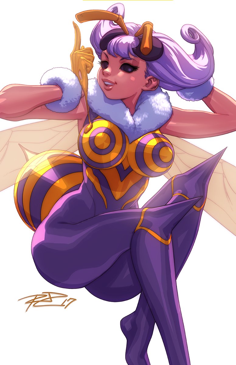 1girl antennae bee_girl bodysuit breasts extra_eyes flipped_hair fur_collar highres honey insect_girl insect_wings large_breasts lips monster_girl no_pupils pantyhose purple_hair purple_legwear q-bee robert_porter short_hair sleeveless solo spikes stinger suggestive_fluid vampire_(game) violet_eyes wings