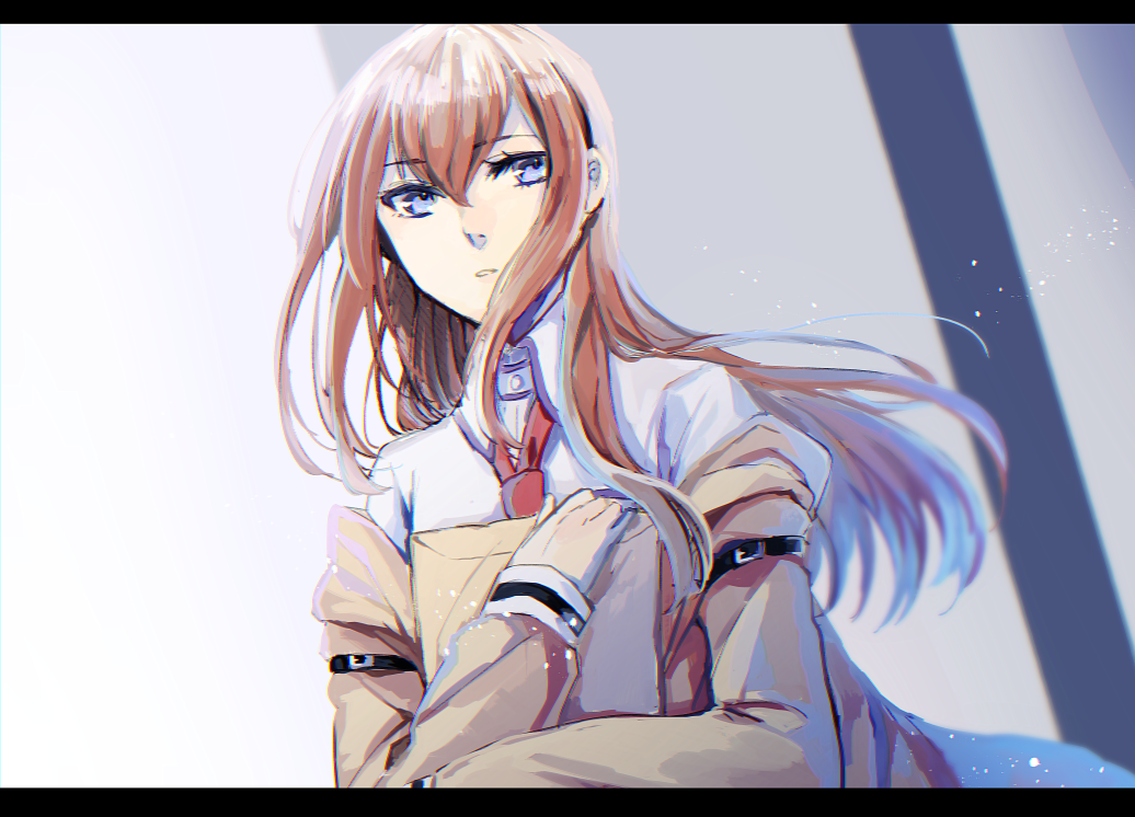 1girl blue_eyes brown_hair collared_shirt envelope hair_between_eyes jacket long_hair long_sleeves makise_kurisu manila_envelope necktie off_shoulder shirt sketch solo steins;gate tokiji upper_body wind