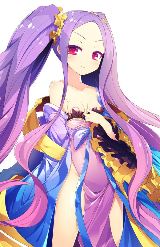1girl bare_shoulders breasts collarbone dress fate/grand_order fate_(series) ichiyan japanese_clothes kimono long_hair no_bra no_panties off_shoulder open_clothes open_kimono pelvic_curtain purple_hair small_breasts smile solo twintails very_long_hair violet_eyes wu_zetian_(fate/grand_order)