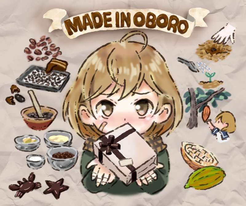 1girl ahoge baking_sheet bandage bandaged_fingers bandaid_on_cheek blush bow bowl brown_bow brown_eyes brown_hair brown_ribbon cacao_fruit chocolate cooking crab english gift grey_background ingredients jacket kantai_collection looking_at_viewer mortar oboro_(kantai_collection) otoufu pestle picking_fruit planting progression ribbon scarf seedling short_hair solo star tray tree watering_can