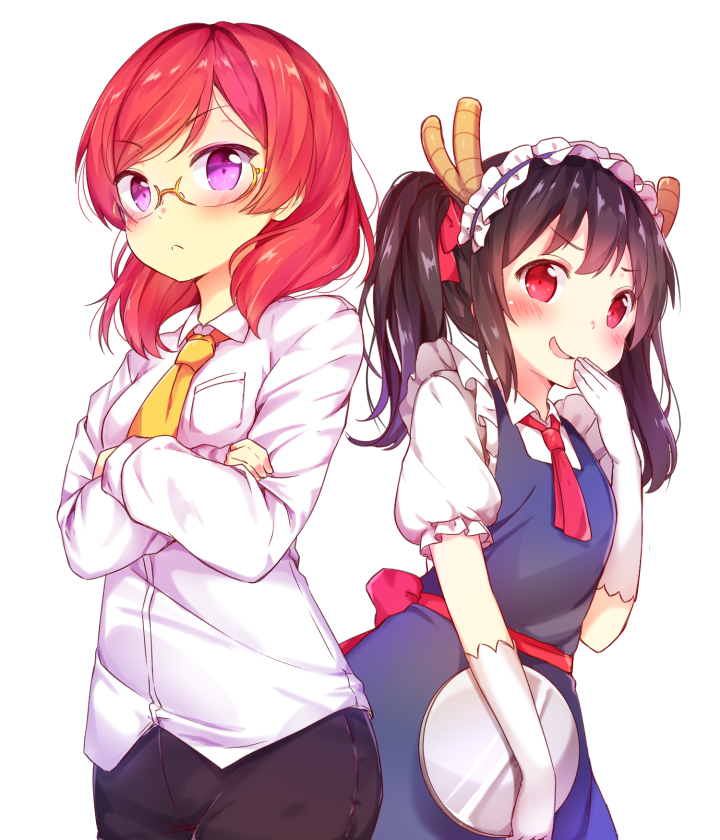 2girls apron black_hair black_pants blush breast_pocket closed_mouth collared_shirt commentary cosplay crossed_arms dragon_horns dress_shirt elbow_gloves eyebrows_visible_through_hair frilled_sleeves frills frown glasses gloves hair_ribbon hairband hey_xander holding horns kobayashi-san_chi_no_maidragon kobayashi_(maidragon) kobayashi_(maidragon)_(cosplay) lolita_hairband long_hair love_live! love_live!_school_idol_project maid multiple_girls necktie nishikino_maki open_mouth pants pink_eyes pocket red_necktie red_ribbon redhead ribbon shirt simple_background sleeves_past_wrists smile smirk tooru_(maidragon) tooru_(maidragon)_(cosplay) tray twintails white_background white_gloves white_shirt wing_collar yazawa_nico yellow_necktie