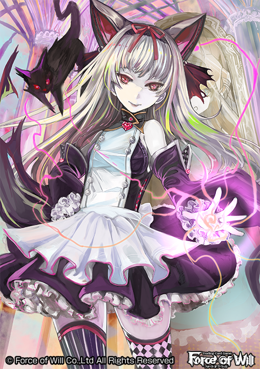 1girl alice_(wonderland) alice_(wonderland)_(cosplay) animal_ears apron bangs black_cat black_dress cat cat_ears closed_mouth cosplay detached_sleeves dress force_of_will frilled_dress frills hair_ribbon long_hair looking_at_viewer magic mirror red_eyes ribbon silver_hair sleeveless sleeveless_dress solo tagme thigh-highs