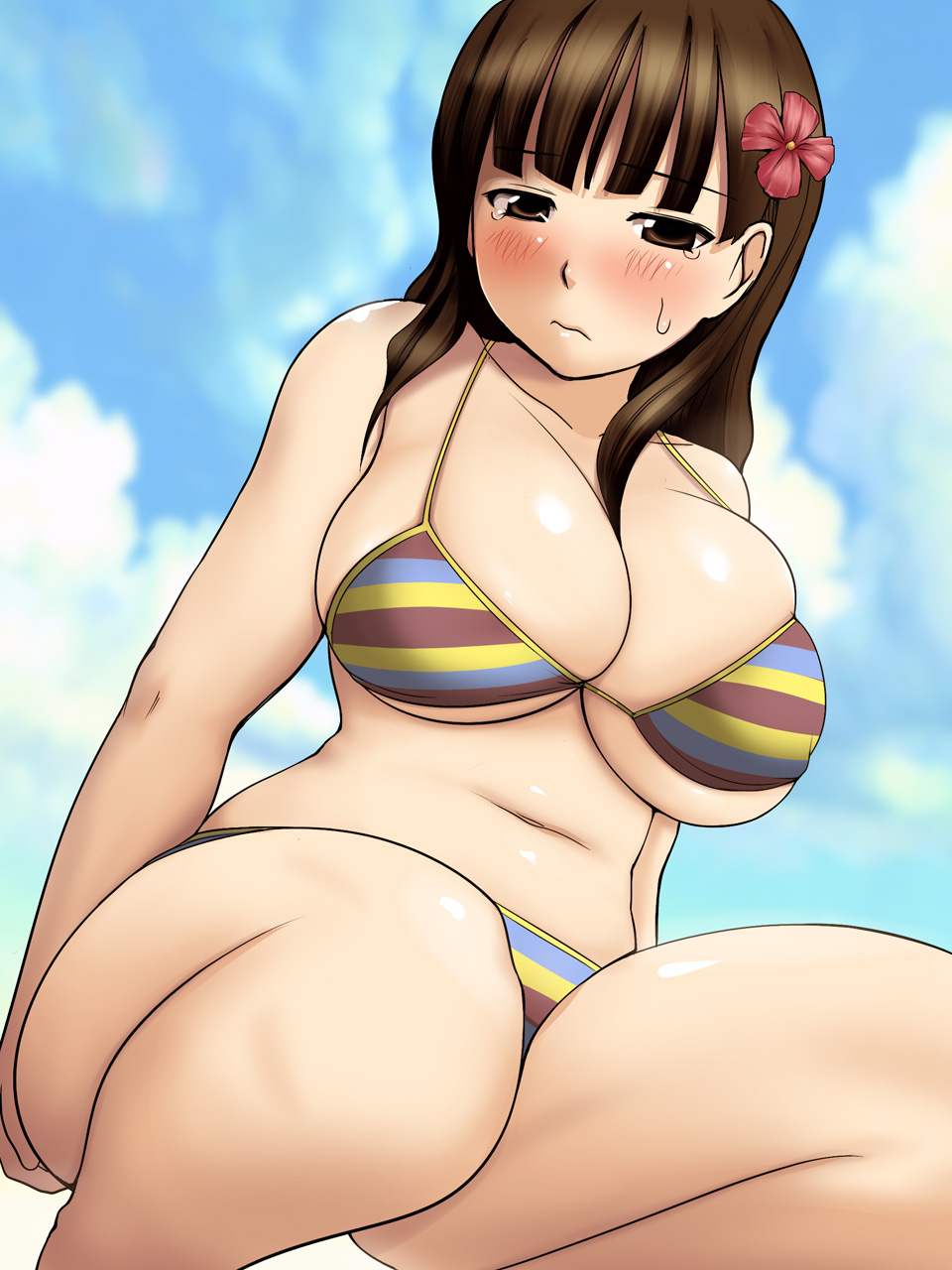 1girl bangs bare_arms bare_legs bare_shoulders bikini blue_sky blunt_bangs blush breasts brown_eyes brown_hair character_request closed_mouth collarbone day diisuke flower hair_flower hair_ornament highres large_breasts long_hair looking_at_viewer navel plump sket_dance skindentation sky solo squatting stomach striped striped_bikini sweat swimsuit tearing_up thighs under_boob