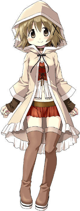 1girl aoki_ume boots brown_boots brown_eyes brown_hair full_body hair_ornament hidamari_sketch hood kirara_fantasia looking_at_viewer midriff official_art short_hair skirt smile solo staff thigh-highs thigh_boots transparent_background x_hair_ornament yuno