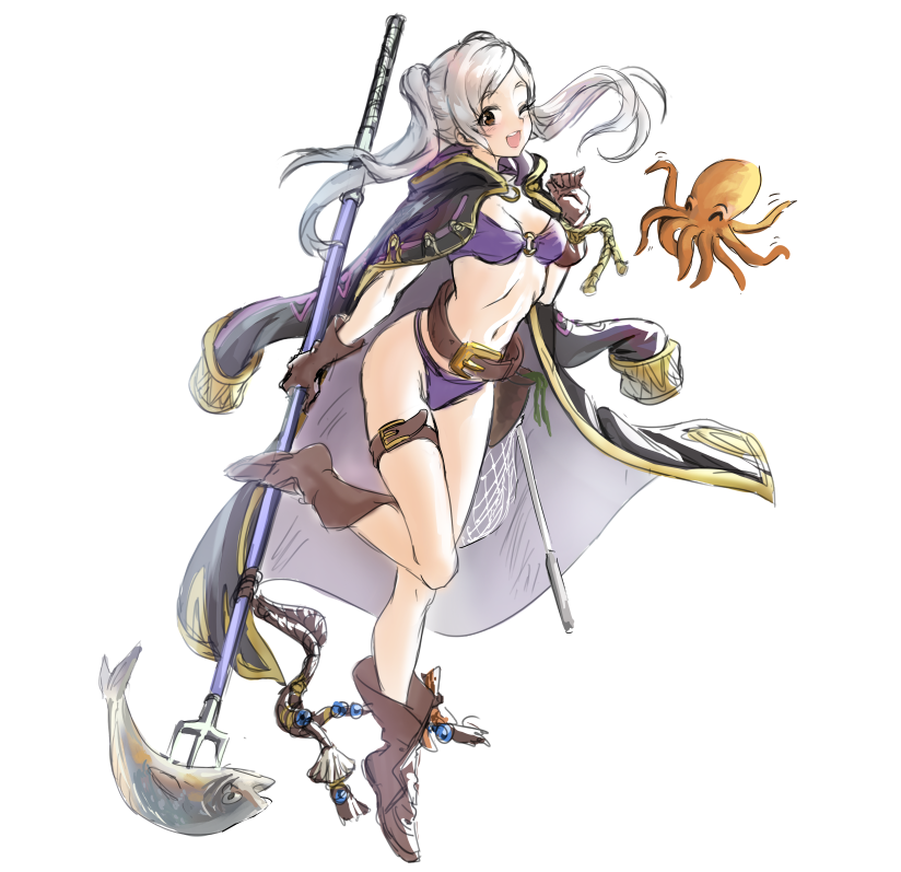 1girl alternate_costume athenawyrm bikini boots brown_boots brown_gloves cloak commentary female_my_unit_(fire_emblem:_kakusei) fire_emblem fire_emblem:_kakusei fire_emblem_heroes fish fishing_net gloves jacket_on_shoulders looking_at_viewer my_unit_(fire_emblem:_kakusei) navel o-ring_bikini o-ring_top octopus polearm silver_hair simple_background smile solo stomach swimsuit thigh_strap trident twintails weapon
