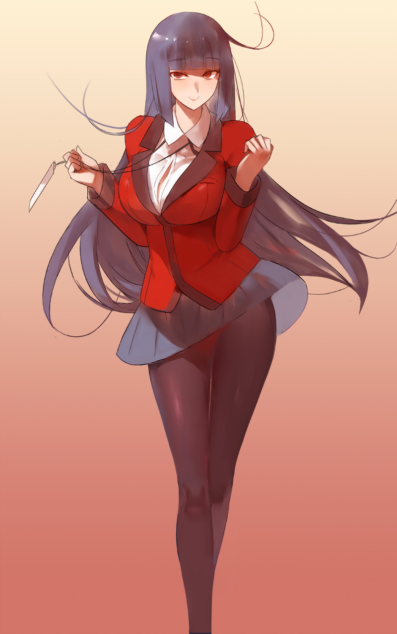 1girl black_hair black_legwear black_ribbon black_skirt blush breasts commentary_request gradient gradient_background highres hime_cut jabami_yumeko kakegurui large_breasts legs_together lips long_hair long_legs looking_at_viewer name_tag pantyhose red_eyes red_suit ribbon school_uniform shirt skirt smile solo suit_jacket very_long_hair yostxxx