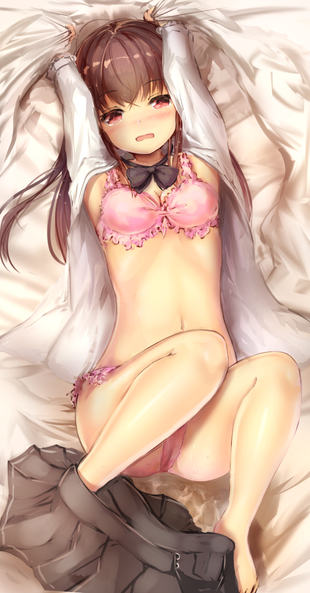 1girl blush bra breasts brown_hair brown_skirt cleavage eyebrows_visible_through_hair highres long_hair looking_at_viewer lying medium_breasts missile228 navel on_back open_clothes open_mouth original panties red_eyes skirt skirt_removed solo underwear wavy_mouth