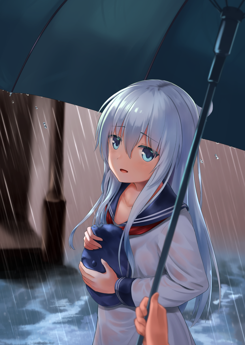 1girl :d akabane_hibame black_hat black_sailor_collar blue_eyes flat_cap hair_between_eyes hands hat hat_removed headwear_removed hibiki_(kantai_collection) highres holding holding_hat holding_umbrella kantai_collection long_hair long_sleeves neckerchief open_mouth rain red_neckerchief sailor_collar school_uniform serafuku silver_hair smile solo_focus umbrella