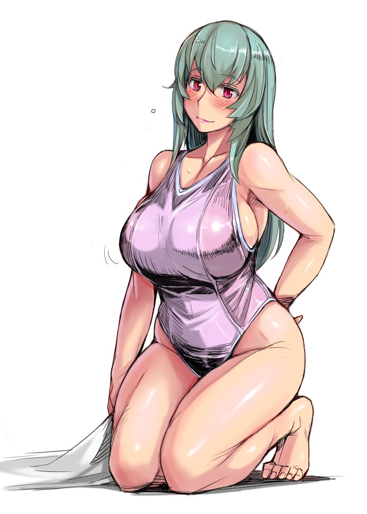 1girl armpits bangs bare_arms bare_legs bare_shoulders barefoot blush breasts closed_mouth collarbone competition_swimsuit full_body green_hair highleg highleg_swimsuit kneeling large_breasts long_hair looking_at_viewer one-piece_swimsuit pink_eyes rozen_maiden smile solo suigintou sweat swimsuit towel tsuda_nanafushi