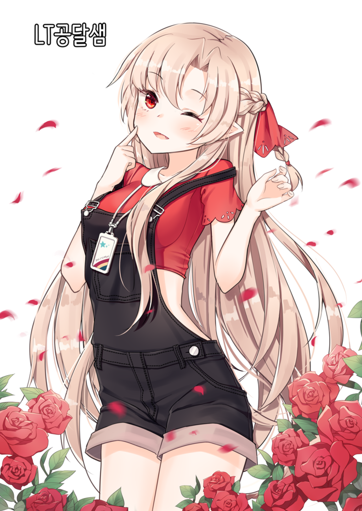 1girl ;) blush breasts cowboy_shot crop_top elf flower hair_ribbon half_updo jewriel light_brown_hair long_hair looking_at_viewer mabinogi medium_breasts one_eye_closed overalls parted_lips petals pointy_ears red_eyes red_ribbon red_rose red_shirt ribbon rose rose_petals shirt short_sleeves sidelocks smile solo very_long_hair