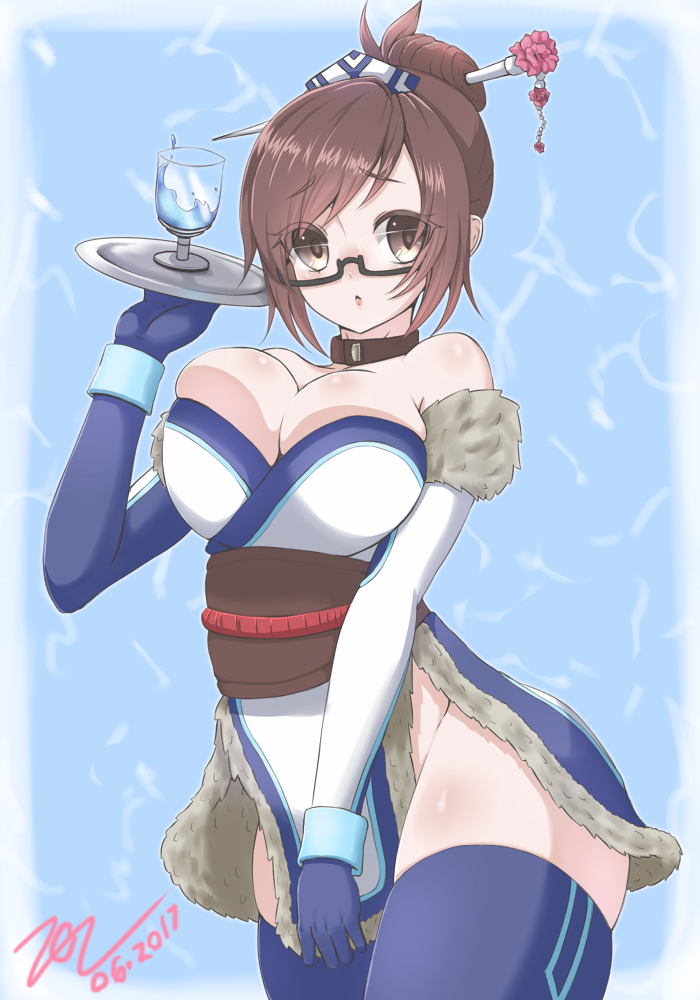 1girl :o bare_shoulders breasts brown_eyes brown_hair collar cowboy_shot dated elbow_gloves eyes_visible_through_hair glass glasses gloves hair_bun hair_ornament hair_stick japanese_clothes kimono large_breasts looking_at_viewer mei_(overwatch) no_bra no_panties obi overwatch sash scarlet_zel short_kimono solo thigh-highs tray