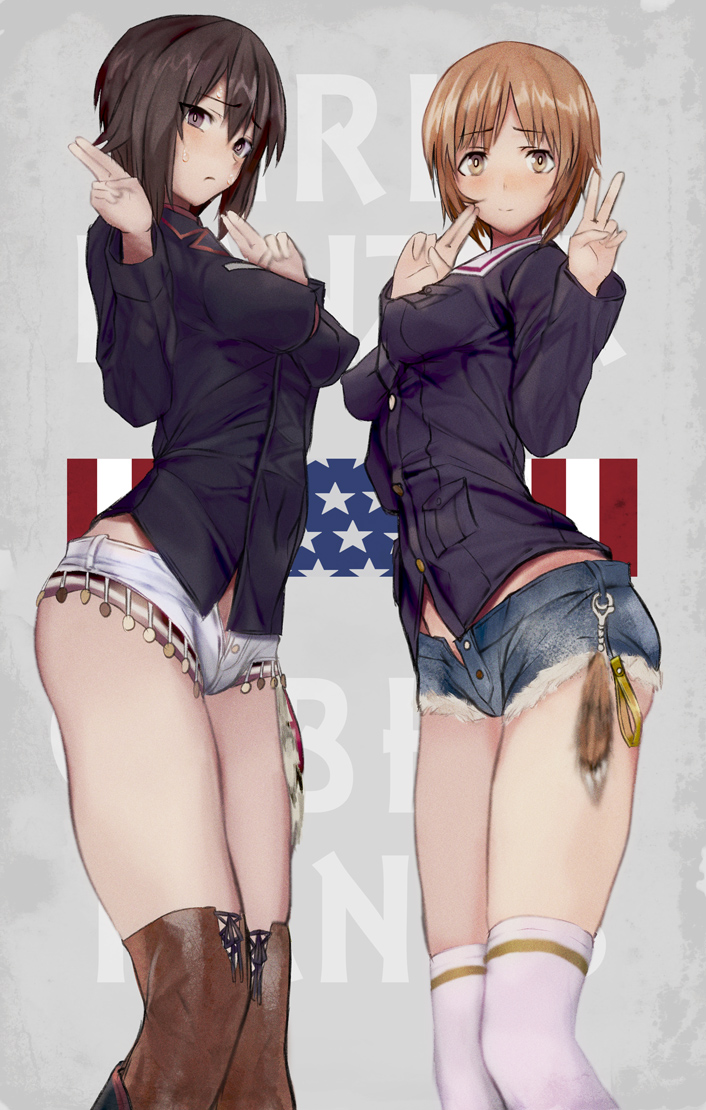 2girls american_flag background_text bangs black_jacket blue_jacket blue_shorts blush brown_legwear chaps clonebody commentary_request denim denim_shorts embarrassed eyebrows_visible_through_hair flag_background from_side frown girls_und_panzer impossible_jacket jacket kuromorimine_military_uniform long_sleeves military military_uniform multiple_girls nishizumi_maho nishizumi_miho ooarai_military_uniform over-kneehighs print_legwear short_hair short_shorts shorts siblings sisters skindentation smile standing sweatdrop thigh-highs unbuttoned uniform white_legwear white_shorts