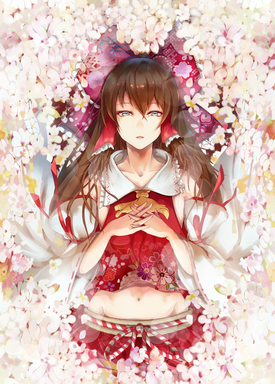 1girl ascot bow brown_hair collarbone detached_sleeves floral_print flower from_above grey_eyes groin hair_bow hair_tubes hakurei_reimu hands_together highres interlocked_fingers long_hair long_sleeves looking_at_viewer lying mayonaka_taruho navel nontraditional_miko on_back parted_lips ribbon-trimmed_sleeves ribbon_trim solo stomach touhou upper_body wide_sleeves