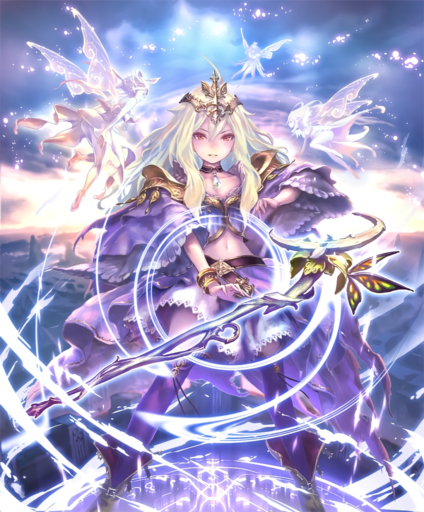 1girl alternate_costume artist_request blonde_hair bracelet choker clouds cloudy_sky crown cygames dorothy_(shingeki_no_bahamut) fairy fairy_wings floating_object jewelry long_hair magic navel official_art red_eyes revealing_clothes shadowverse shingeki_no_bahamut skirt sky sparkle staff wings