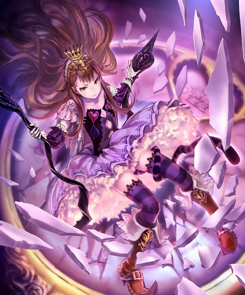 1girl artist_request broken_glass brown_hair cat_tail crown cygames dark_alice detached_sleeves frilled_skirt frills glass gloves hairband long_hair official_art pointy_shoes shadowverse shingeki_no_bahamut shoes skirt striped striped_legwear tail thigh-highs yellow_eyes