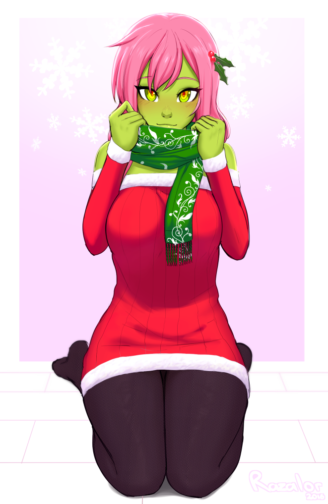 1girl alisa_(razalor) black_legwear blush breasts christmas detached_sleeves dress full_body gradient gradient_background green_eyes green_scarf green_skin hair_ornament light_smile long_hair looking_at_viewer medium_breasts mistletoe multicolored multicolored_eyes no_shoes original pantyhose pink_hair razalor red_dress red_eyes ribbed_dress scarf seiza sitting smile solo strapless strapless_dress yellow_eyes