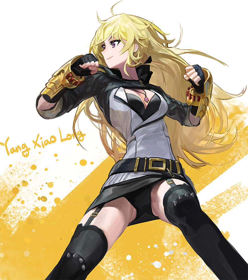 1girl ahoge belt black_legwear black_panties blonde_hair breasts character_name cleavage clenched_hands english fighting_stance garter_straps gauntlets jewelry long_hair medium_breasts mossi necklace panties pantyshot pendant rwby skirt smile solo thigh-highs underwear violet_eyes yang_xiao_long