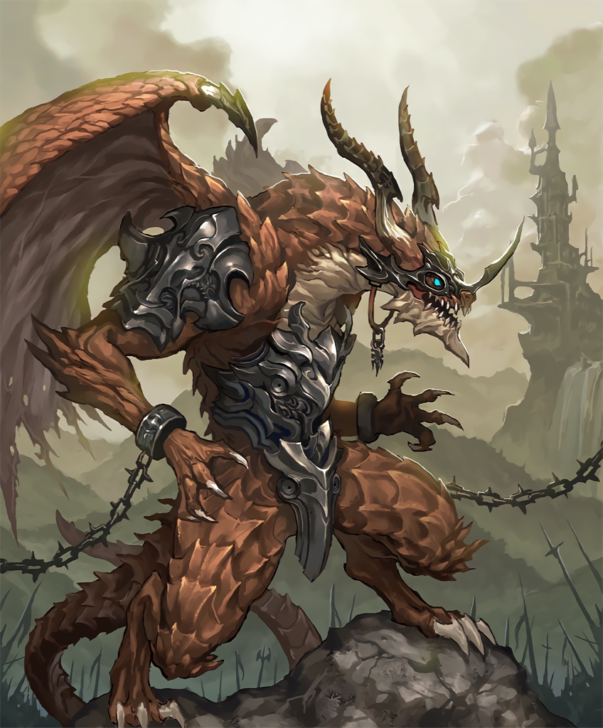 1boy armor army artist_request blue_eyes castle chains claws cuffs cygames dragon dragon_horns dragon_tail dragon_warrior dragon_wings horns no_humans official_art open_mouth scales shackles shadowverse shingeki_no_bahamut tail teeth wings