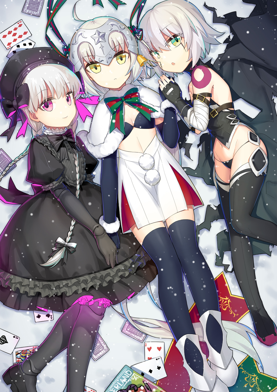 3girls :o absurdly_long_hair ace_of_spades ahoge alice_in_wonderland arm_belt assassin_of_black bandage bandaged_arm bangs bare_shoulders bell belt_buckle black_bow black_bowtie black_bra black_cloak black_dress black_gloves black_hat black_legwear black_panties black_shirt book boots bow bowtie bra braid brown_belt buckle capelet card cloak closed_mouth clubs commentary diamond_(shape) doll_joints dress elbow_gloves eyebrows_visible_through_hair fate/apocrypha fate/extra fate/grand_order fate_(series) fingerless_gloves frilled_dress frills from_above fur-trimmed_capelet fur_trim gloves glowing gothic_lolita green_bow green_eyes green_ribbon grey_boots grey_bow groin hair_between_eyes hair_ribbon hands_together hat hat_bow headpiece heart highres jeanne_alter jeanne_alter_(santa_lily)_(fate) lolita_fashion long_hair looking_at_viewer looking_to_the_side lying mujun_atama multicolored multicolored_bow multicolored_ribbon multiple_girls navel nursery_rhyme_(fate/extra) on_back on_side panties pink_eyes playing_card pom_pom_(clothes) puffy_short_sleeves puffy_sleeves purple_bow red_bow red_ribbon ribbon ruler_(fate/apocrypha) scar scar_across_eye scar_on_cheek shirt short_dress short_hair short_sleeves silver_hair sleeveless sleeveless_shirt smile snow striped striped_bow striped_bowtie tattoo thigh-highs thigh_boots torn_cloak twin_braids underwear very_long_hair white_capelet white_dress yellow_eyes