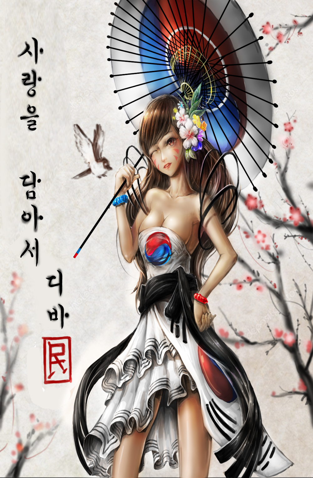 1girl 931015min alternate_costume bare_shoulders bird bracelet breasts brown_eyes brown_hair cherry_blossoms cleavage collarbone cowboy_shot d.va_(overwatch) dress facepaint facial_mark flag_dress flower hair_flower hair_ornament hand_on_hip head_tilt highres holding holding_umbrella jewelry korean_flag long_hair looking_at_viewer medium_breasts nose one_eye_closed overwatch parasol parted_lips petals red_lips sleeveless sleeveless_dress smile solo translation_request tree_branch umbrella whisker_markings white_dress