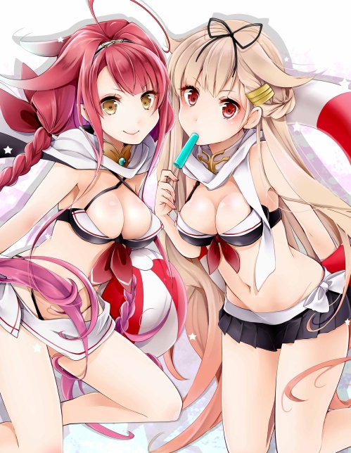 2girls adapted_costume ahoge akatsuki_hijiri ball bikini bikini_skirt black_bikini black_skirt blonde_hair blush braid breasts capelet food front-tie_top gradient_hair hair_flaps hair_ornament hair_tie hairclip headband inflatable_toy kantai_collection kawakaze_(kantai_collection) long_hair looking_at_viewer medium_breasts multicolored_hair multiple_girls navel pleated_skirt popsicle red_eyes redhead remodel_(kantai_collection) scarf skirt smile swimsuit very_long_hair white_scarf white_skirt yellow_eyes yuudachi_(kantai_collection)