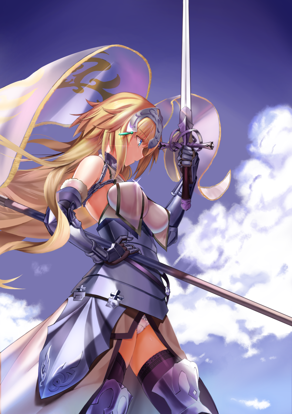 1girl bare_shoulders blonde_hair breasts chains clouds cowter dual_wielding fate/apocrypha fate_(series) fur_trim gauntlets highres intes long_hair panties pantyshot parted_lips plackart profile ruler_(fate/apocrypha) salute skindentation sky solo sword thigh-highs underwear weapon wind zettai_ryouiki