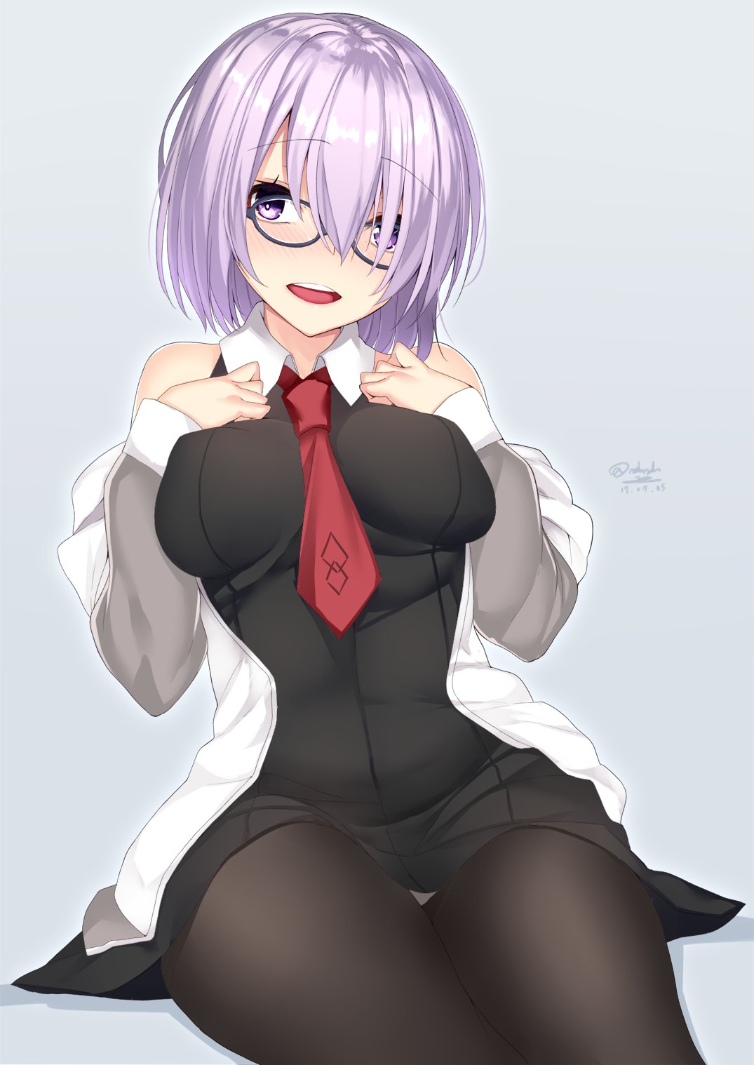 1girl bare_shoulders black-framed_eyewear black_skirt blush breasts commentary_request eyebrows_visible_through_hair fate/grand_order fate_(series) glasses hair_over_one_eye hands_on_own_chest highres jacket large_breasts looking_at_viewer nebusoku necktie off_shoulder open_clothes open_jacket open_mouth pantyhose purple_hair red_necktie shielder_(fate/grand_order) short_hair signature simple_background sitting skirt smile solo teeth thighs violet_eyes wide_hips