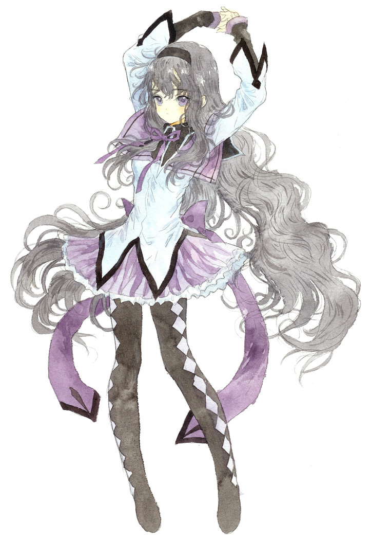 akemi_homura argyle argyle_legwear arms_up black_hair black_hairband black_legwear colored_pencil_(medium) full_body hairband interlocked_fingers long_hair looking_at_viewer mahou_shoujo_madoka_magica purple_skirt school_uniform serafuku skirt standing takanashi_tsubasa traditional_media very_long_hair violet_eyes