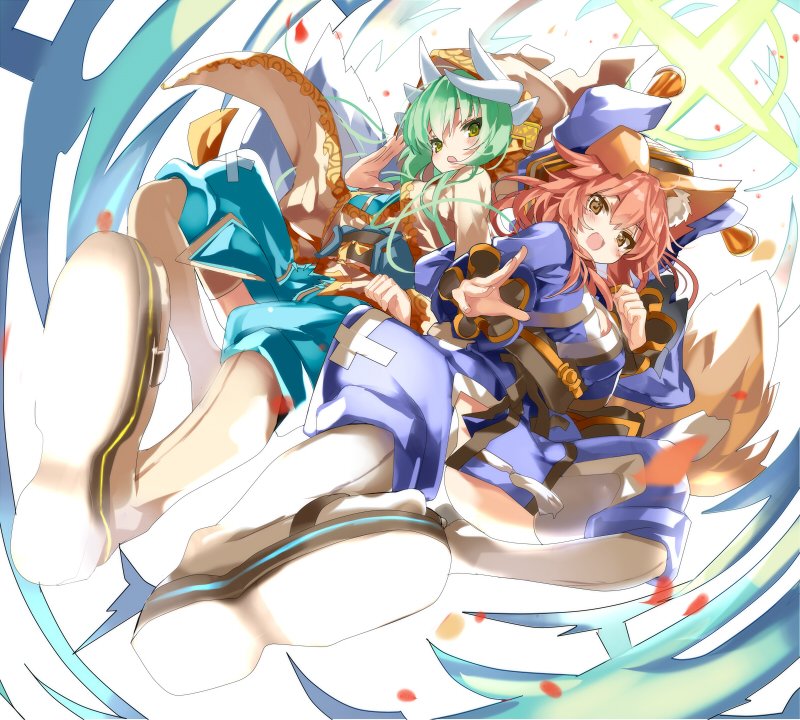 2girls animal_ears blush brown_eyes commentary_request fate/extra fate/grand_order fate_(series) fox_ears green_eyes green_hair horns inazuma_kick kiyohime_(fate/grand_order) multiple_girls open_mouth redhead shino_(eefy) tamamo_(fate)_(all) tamamo_no_mae_(fate)