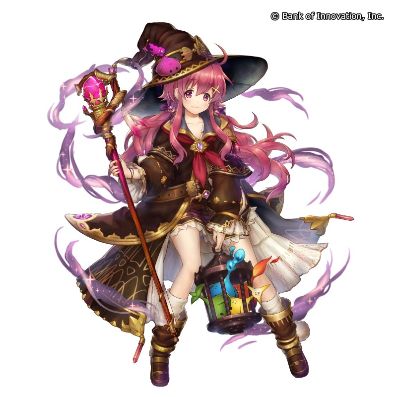 1girl bank_of_innovation belt black_hat boots brown_boots cage copyright cryptract earrings hair_ornament hat hat_feather holding holding_staff jewelry long_hair looking_at_viewer pink_eyes pink_hair slime socks solo staff standing very_long_hair white_legwear witch_hat x_hair_ornament